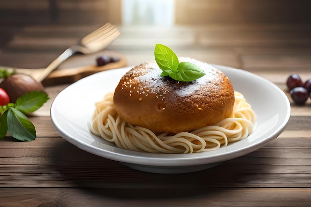 Spaghetti z kanapką na wierzchu