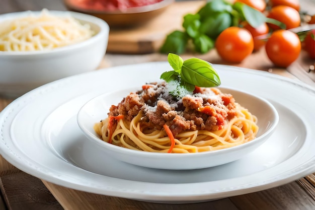 spaghetti z klopsikami i sosem pomidorowym na talerzu