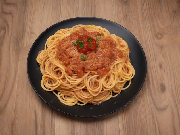 Spaghetti z makaronem, sosem pomidorowym i serem podawane na talerzu