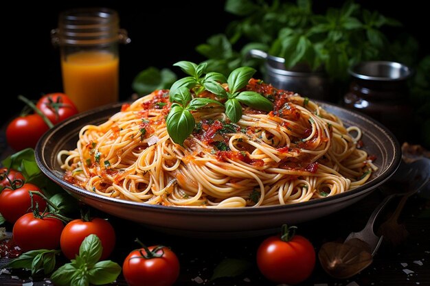 Spaghetti z sosem basilkowym z pomidorów