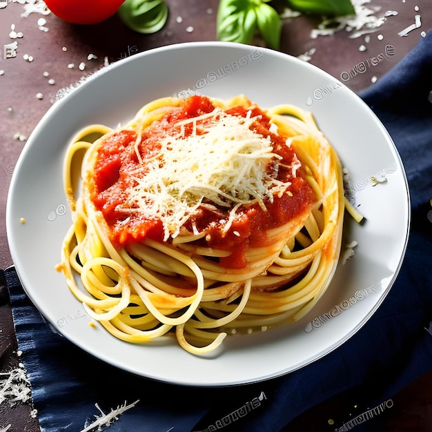 Spaghetti z sosem pomidorowym na talerzu z liśćmi bazylii na ciemnym tle.