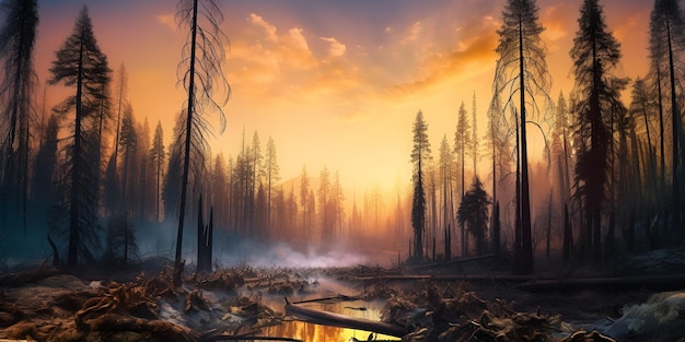 Spalona część lasu w dymie panoramiczny widok baner