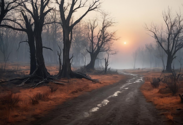 Spalona ziemia z brudem ścieżka spacerowa przez spalony krajobraz po pożarze lasów