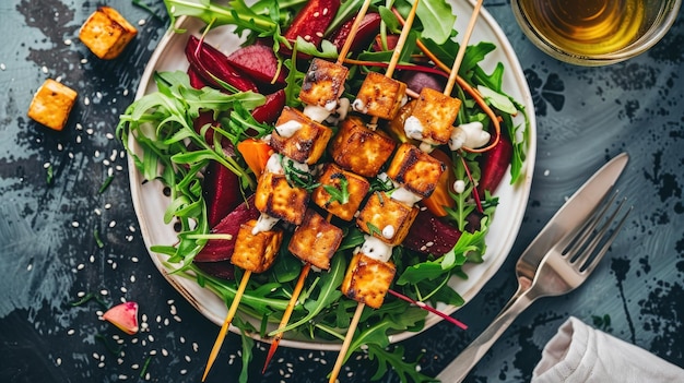 Spalone szczypy tofu w sosie i sałatce burakowej arugula z warzywnym sosem jogurtowym Zdrowa koncepcja diety wegańskiej Zdrowe jedzenie Top view flat lay