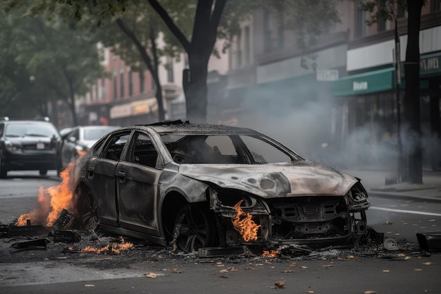 Spalony samochód na środku ulicy otoczony gruzem i dymem stworzonym za pomocą generatywnej sztucznej inteligencji