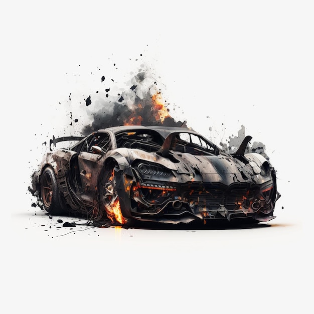 Spalony samochód płonie z napisem supersamochód.