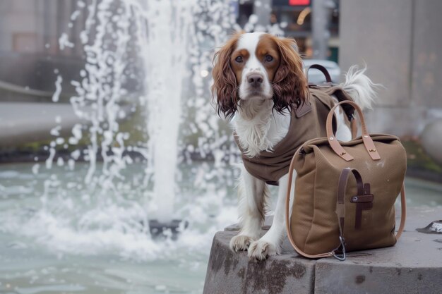 Spaniel niosący brązową torbę rzemieślniczą w pobliżu miejskiej fontanny