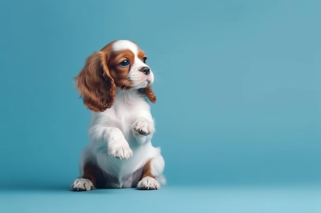 Spaniel szczeniak bawi się w studio ładny piesek lub zwierzak siedzi odizolowany na niebieskim tle cavalier king charles ujemna przestrzeń do wstawienia tekstu lub obrazu koncepcja ruchu praw zwierząt