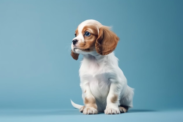 Spaniel szczeniak bawi się w studio ładny piesek lub zwierzak siedzi odizolowany na niebieskim tle cavalier king charles ujemna przestrzeń do wstawienia tekstu lub obrazu koncepcja ruchu praw zwierząt