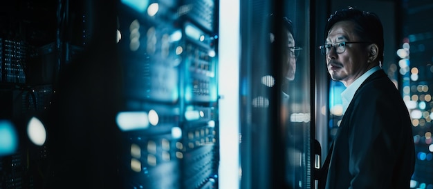 Specjalista stoi w ciemnym pokoju serwerowym i wpatruje się w serwer otoczony środowiskiem wysokiej technologii i szklanymi ścianami