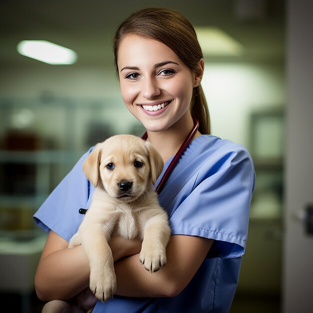 Specjalista w dziedzinie opieki zdrowotnej weterynaryjnej trzymający urocze zwierzę