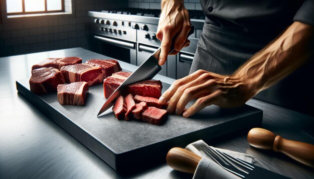 Zdjęcie specjalistyczny szef kuchni precyzyjnie przycina wysokiej jakości steki na desce do cięcia