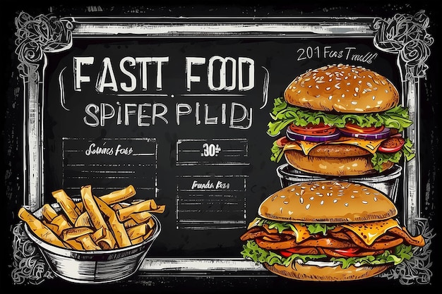 Specjalna oferta fast foodów wektorowych na tablicy Ręcznie narysowana ilustracja ramki z junk foodem