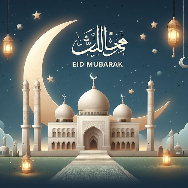 Zdjęcie specjalne pozdrowienia eid z 3d latarnia i eid mubarak tekst ai wygenerowany banner styl tapety