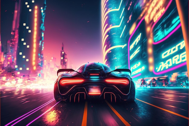 Speedway z samochodem sportowym w futurystycznym stylu wysokiej jakości neonowy obraz styl lat 80. cyberpunk bogate kolory plakat wyścigi uliczne stylowe tapety na pulpit gra wyścigi nocne miasto ograniczenie prędkości AI