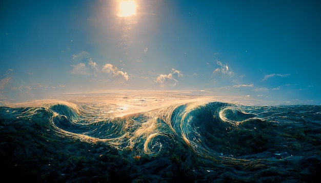 Spektakularna abstrakcyjna scena oceanicznej fali pływowej Ilustracja 3D sztuki cyfrowej