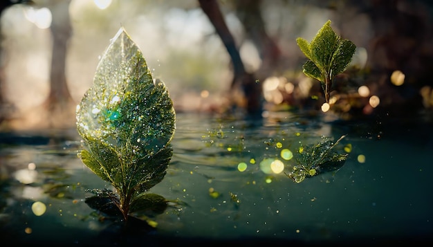 Spektakularna fantazja zielony liść unoszący się na wodzie Cyfrowa ilustracja 3D