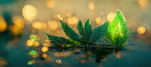 Zdjęcie spektakularna fantazja zielony liść unoszący się na wodzie cyfrowa ilustracja 3d
