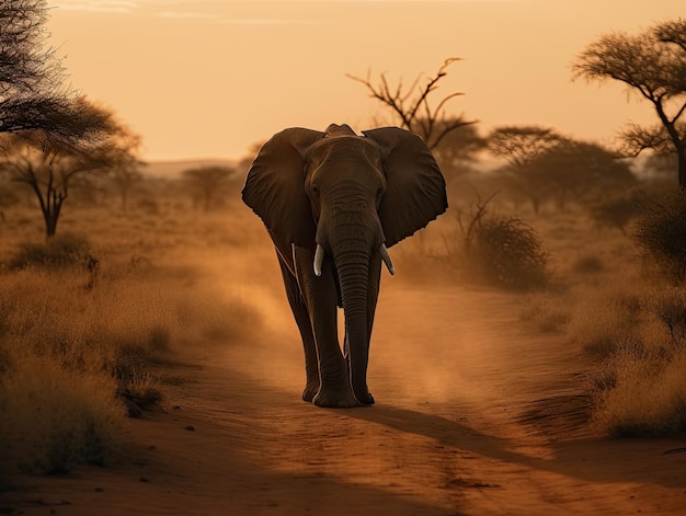 Spektakularna sylwetka słonia afrykańskiego w sawannie o zachodzie słońca