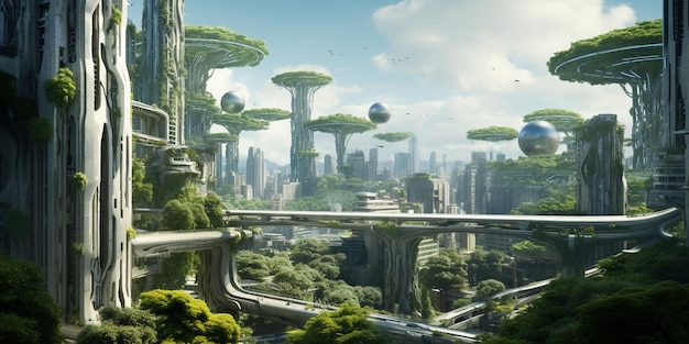 Spektakularna sztuka cyfrowa ilustracja 3D futurystyczne miasto ESG obfite w drzewa