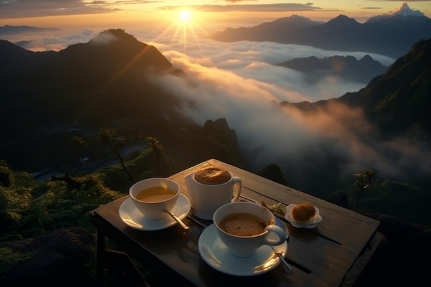 Spektakularne śniadanie o wschodzie słońca na szczycie góry z niesamowitym krajobrazem chmur i promieniującym wschodzącym słońcem