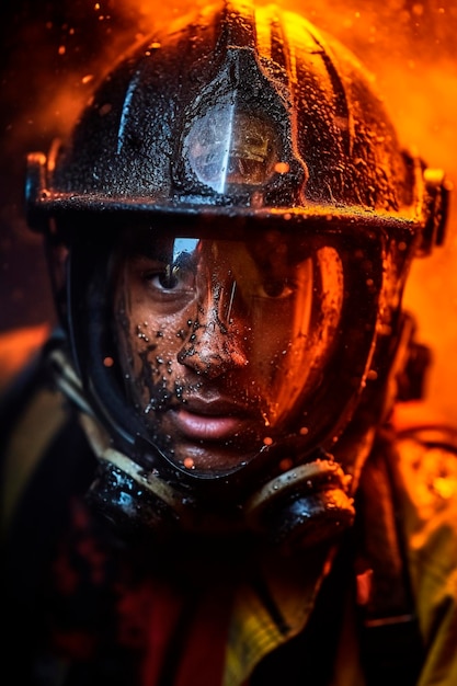 Zdjęcie spektakularne ujęcie strażaka wychodzącego z ognia