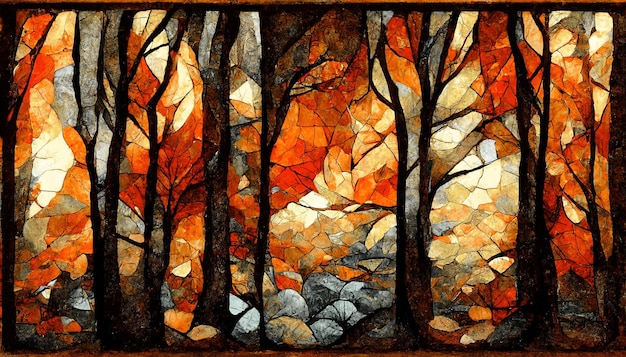 Spektakularny abstrakcyjny wzór sezonu jesiennego na tle mozaiki szklanej z krajobrazem i niebem lasu pomarańczowego Grafika cyfrowa 3D