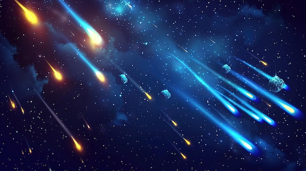 Spektakularny deszcz meteorów na nocnym niebie z odległą planetą oświetloną przez niewidzialne źródło światła