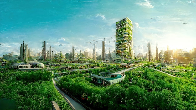 Spektakularny ekofuturystyczny pejzaż miejski Koncepcja ESG pełna zieleni, drapaczy chmur, parków i innych sztucznych przestrzeni zielonych na obszarach miejskich Zielony ogród we współczesnym mieście Sztuka cyfrowa ilustracja 3D