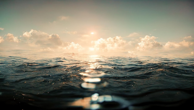 Spektakularny spokojny oceaniczny wschód słońca odbijający się w wodzie Ilustracja 3D sztuki cyfrowej