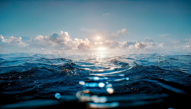 Spektakularny spokojny wschód słońca nad oceanem odbijający się w wodzie Ilustracja cyfrowa sztuka 3D