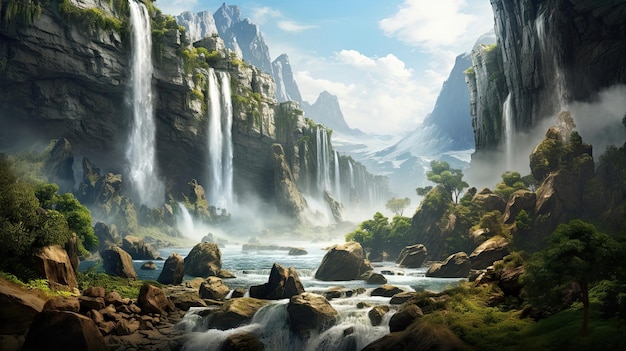 Spektakularny wodospad spływa z wdziękiem po skalistym klifie Majestatyczna kaskada, chropowate tło Naturalny spektakl Malownicza sceneria kaskadowe wody Wygenerowane przez AI