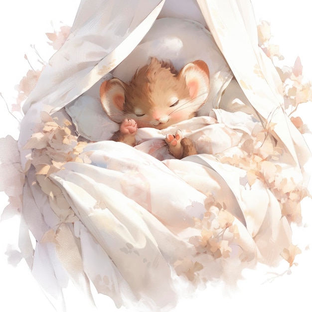 Zdjęcie Śpiąca mała wiewiórka na akwarelowym rysunku do łóżek