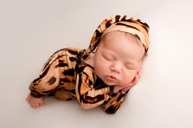 Śpiąca nowonarodzona dziewczynka w pierwszych dniach życia na białym tle Makro studyjny portret dziecka Wizerunek małego tygrysa Noworodek w tygrysiej piżamie Ubranka niemowlęce w paski czarno-pomarańczowe