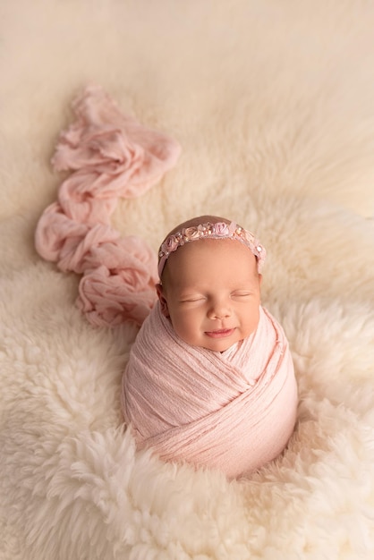 Śpiąca noworodka dziewczynka w pierwszych dniach życia w różowym kokonie z różowym bandażem na białym tle. Studio fotografii makro, portret noworodka. Pojęcie szczęścia kobiet.