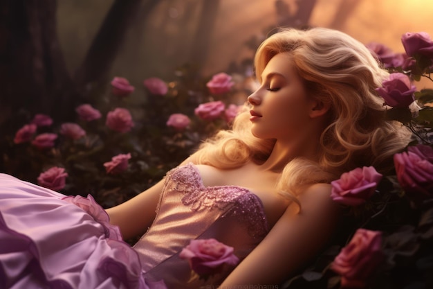 Śpiąca Piękna Księżniczka Blondynka Włosy fioletowe Suknia Wróżka Las Zaklęte Róże Zachód Słońca