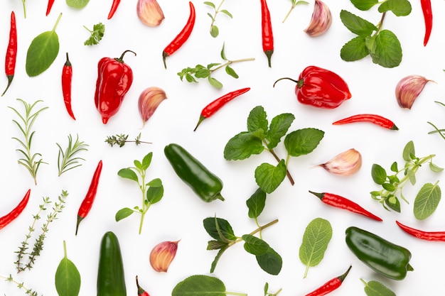 Spice ziołowe liście i papryka chili na białym tle.