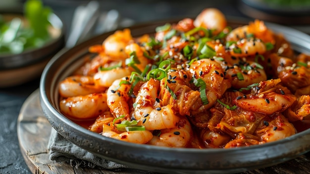 Spicy Garlic Shrimp Stir Fry z świeżymi ziołami na ciemnym, wiejskim tle.