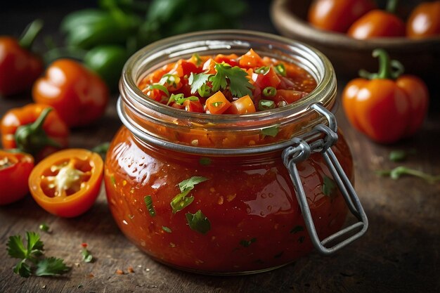 Zdjęcie spicy habanero salsa w małym słoiku