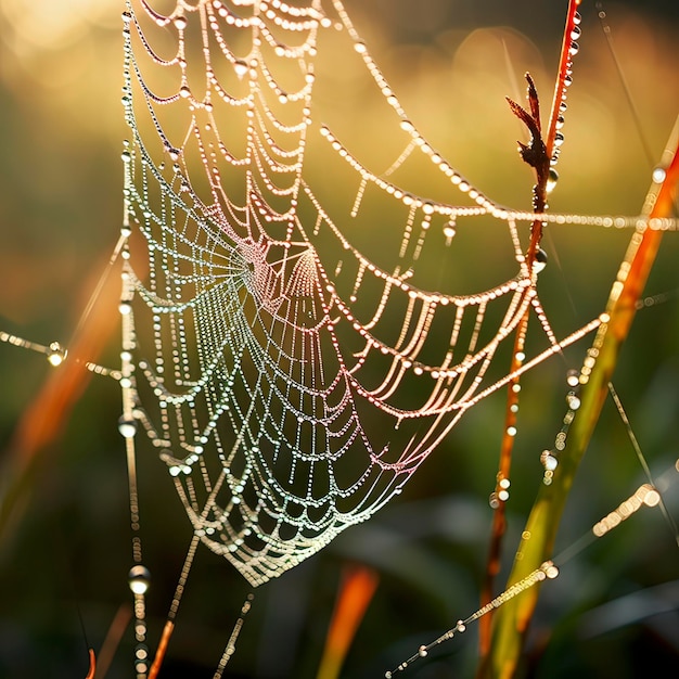 Spider spins dewy web capturing at sunrise generowany przez AI