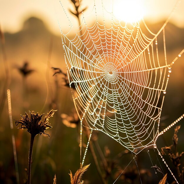 Spider spins dewy web capturing at sunrise generowany przez AI