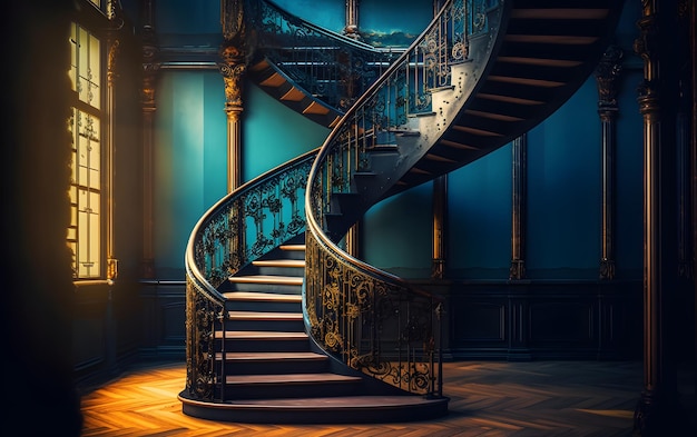 Spiralne schody w ciemnym pokoju z niebieską tapetą