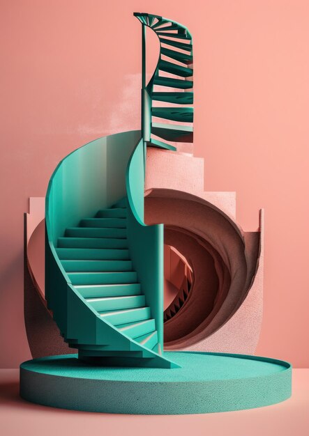 Spiralne schody w różowym i zielonym pokoju Obraz Generative AI