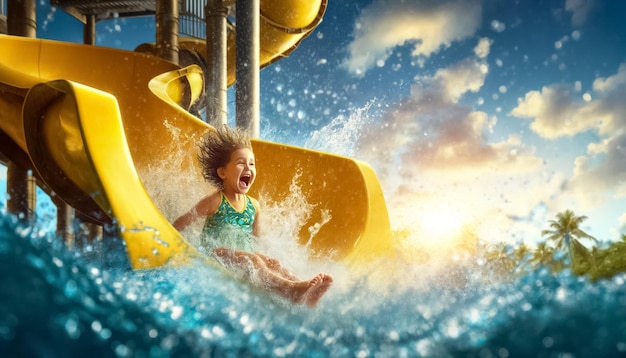 Zdjęcie splash radości małe dziewczęta zachwycające zjeżdżanie do basenu
