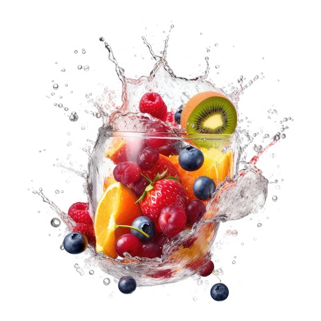 Splash soku owocowego z latającymi owocami