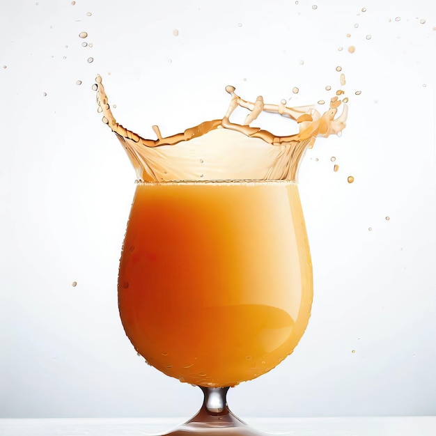 Splash świeżego soku pomarańczowego w szklance na białym tle