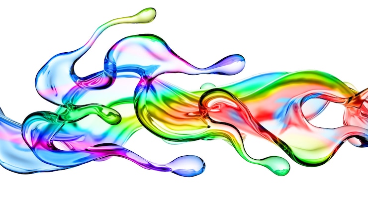 Zdjęcie splash wielobarwnej przezroczystej cieczy. ilustracja 3d, renderowanie 3d.