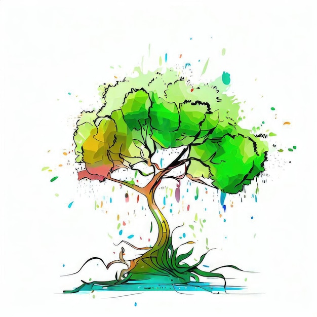 Splattered Leaves Green Splash Tree Akwarela Ilustracja Generatywna AI