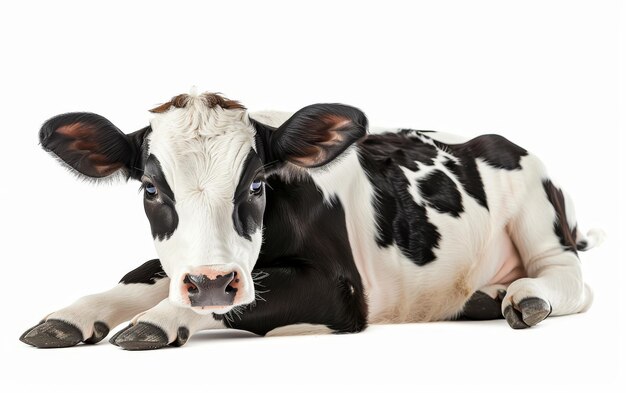 Spoczywająca czarno-biała krowa patrząca bezpośrednio do kamery z spokojnym wyrazem na białym tle