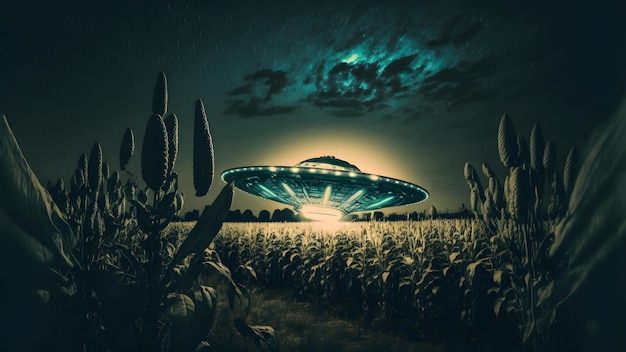 Spodek UFO unoszący się nad polem kukurydzy w gwiaździstej nocy sztuka generowana przez sieć neuronową